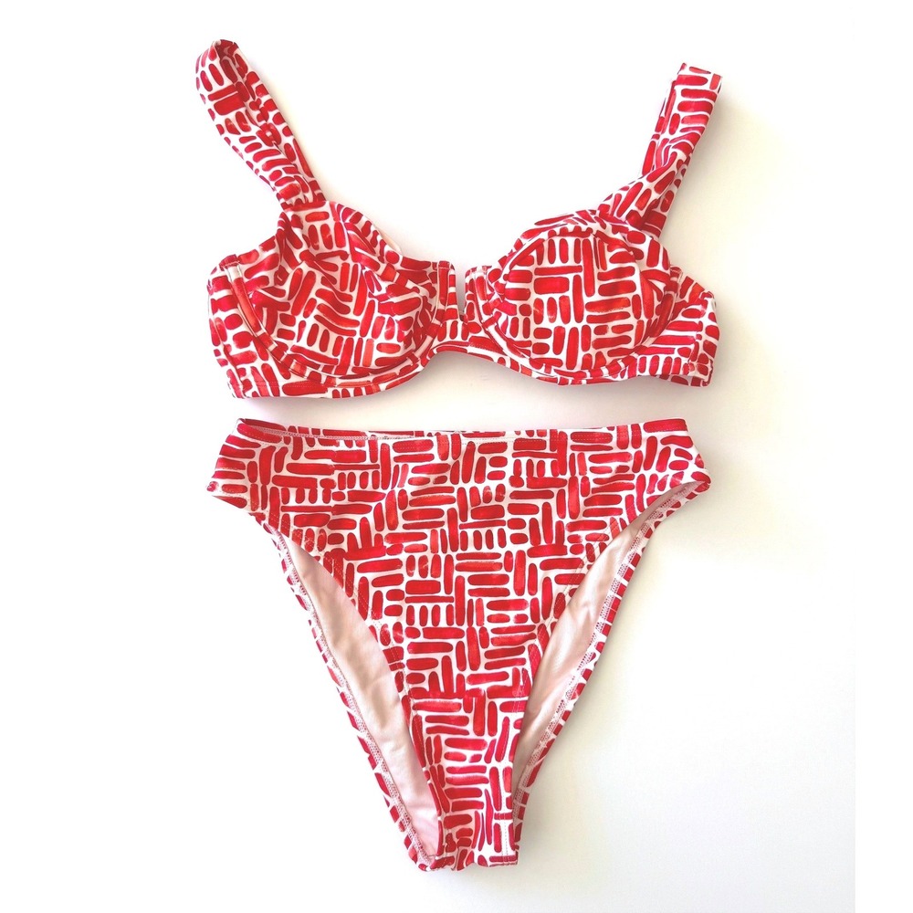 Cupshe x JJD When in Rome Red/White Abstract Bikini Set Retro Resort Size S